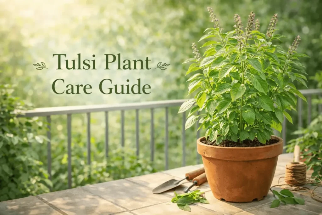 Healthy Tulsi Holy Basil plant growing in a home garden pot